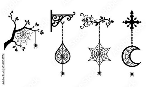 Spooky Hanging Spider Webs From Tree Branches Brackets Cross And Crescent Moon