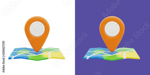 Orange 3D location map pin icon with colorful paper navigation chart transparent png