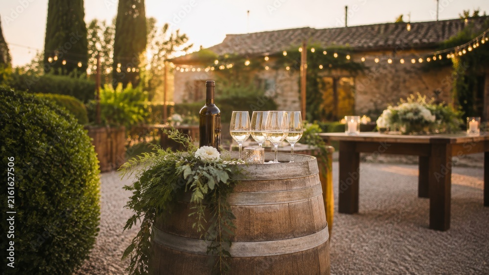 Fototapeta premium Wine barrel used as table showing decorated barrel cocktail table on a vineyard terrace portrait