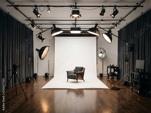 Professional photography studio interior with white backdrop and armchair for portrait shoot