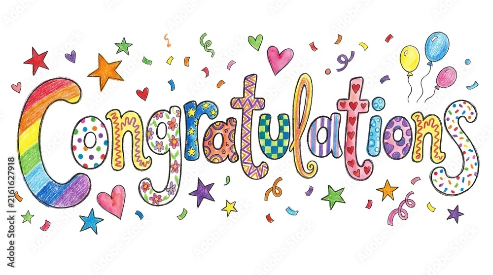 Fototapeta premium Congratulations text with colorful hand drawn patterns and festive party confetti elements 