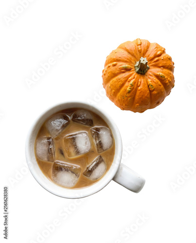 Autumn iced coffee with small orange pumpkin isolated on transparent background, cozy fall seasonal drink