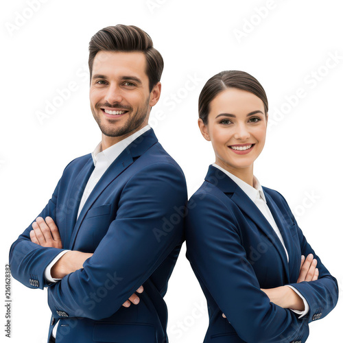 Smiling man and woman in business suits standing together isolated on transparent background