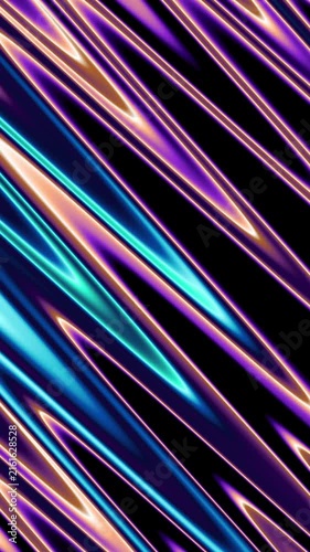 Looping animation of colorful neon liquid zigzag wave lines moving diagonally across dark background, vertical iridescent gradient fluid motion graphics, seamless loop