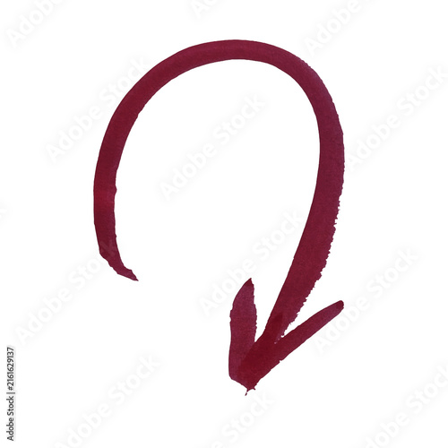 A hand drawn dark red curved arrow pointing down created with a brush stroke for design and web navigation