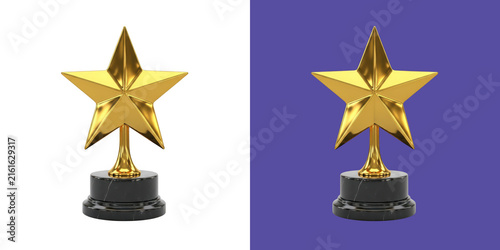 Shiny golden star award trophy on a black marble base 3d render transparent png