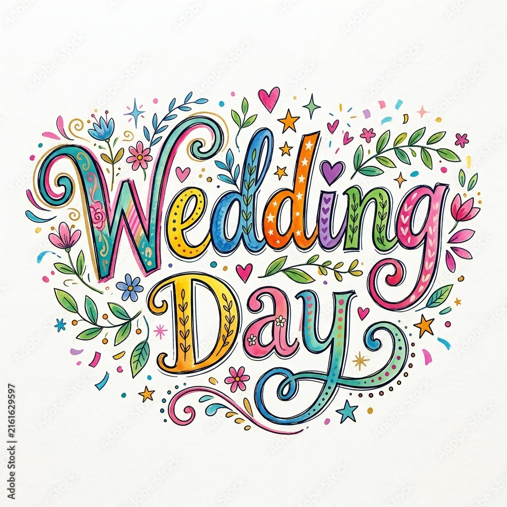 Fototapeta premium Wedding Day colorful hand drawn lettering illustration with floral and heart decorations 