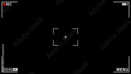 4k 8k video Camera viewfinder recording interface on a black background with focus reticle, REC indicator, timecode, resolution icons, and UI elements.