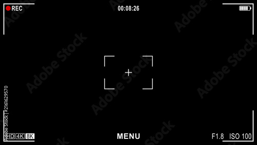 4k 8k video Camera viewfinder recording interface on a black background with focus reticle, REC indicator, timecode, resolution icons, and UI elements.