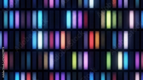 Vibrant LED light panel grid displaying colorful gradient illumination in dark studio setting