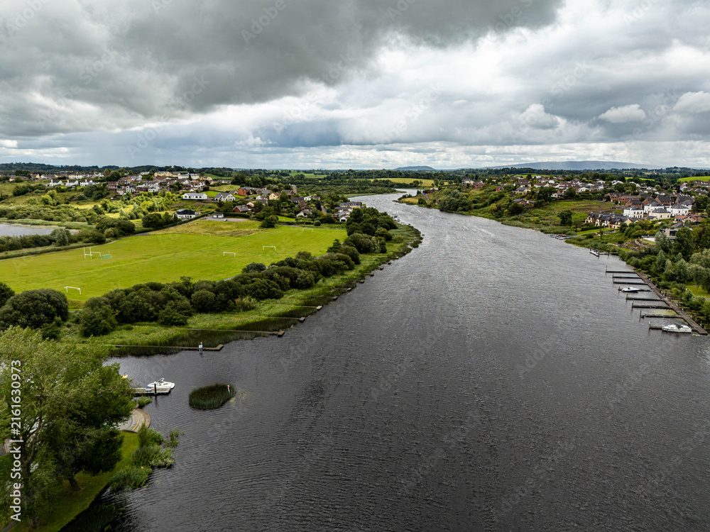 Fototapeta premium Aerial view of Enniskillen on the banks of Lough Erne in Northern Ireland. Irelands only island town.
