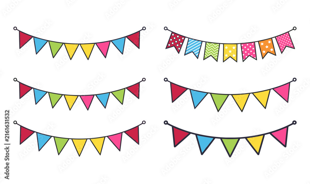 Obraz premium Colorful Bunting Garland Flag Vector Set Featuring Solid Colors And Cute Patterns For Birthday Party Celebrations Carnivals Holidays And Festival Invitation Graphic Designs