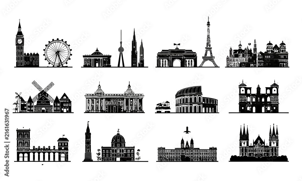 Naklejka premium Black silhouette collection of famous european architectural landmarks architecture church cathedral