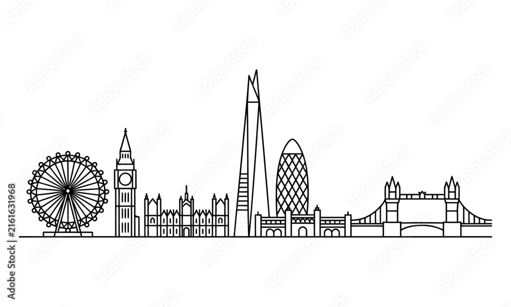 Fototapeta premium Black and white silhouette of big ben clock tower with london skyline
