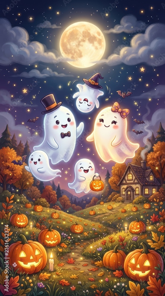 Obraz premium Cute cartoon ghosts celebrating halloween night with glowing jack o lantern pumpkins in a spooky forest under a big full moon in the dark sky