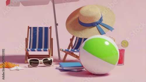 Summer beach scene with striped deck chairs, sun hat and colorful beach ball on pink backdrop leisure and holiday lifestyle concept