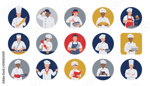 Professional chef avatar set, 15 culinary expert icons, diverse kitchen staff characters in flat vector style for restaurant branding