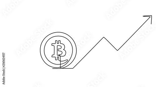 Bitcoin symbol with growing arrow animation continuous line drawing, White line Financial growth and bitcoin coin icon isolated on black background. Increasing revenue. 4K Video motion graphic animate