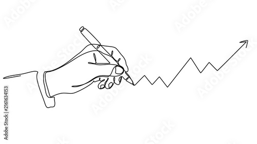 hand drawing an upward growth arrow sign with a pen animation continuous line drawing, A single continuous line drawing of a human hand holding a pen, actively drawing a rising bar chart that ends in.