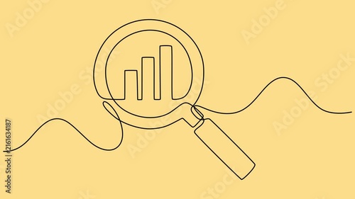 Animated self drawing of continuous line draw of magnifying glass and bar graph business.  growing up and down. Full-length one-line animation, Data analytics. growing up and down. minimalist pro one.