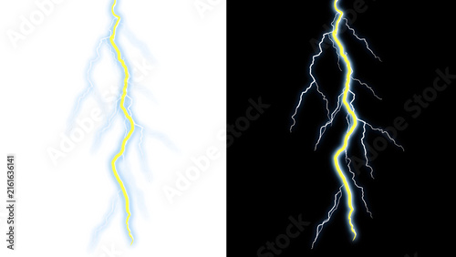 Bright yellow lightning bolt with blue glowing electrical energy effect for storm weather design isolated over split white and dark background