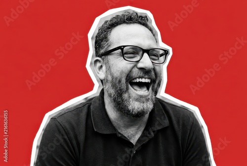 Happy Middle-Aged Man Laughing Heartily in Black and White Portrait with Red Background Sticker Style
