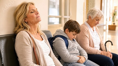 One moment of closed-eye rest captures sandwich generation strain as woman navigates menopause fatigue beside child and senior relative in waiting area.