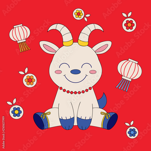 Cute Baby Goat Lunar New Year Vector Illustration with Lanterns and Flowers