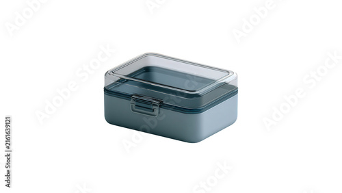 Modern blue plastic food storage container with transparent lid on transparent background