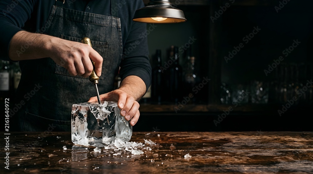 Obraz premium Bartender carving block of ice on display counter in clean