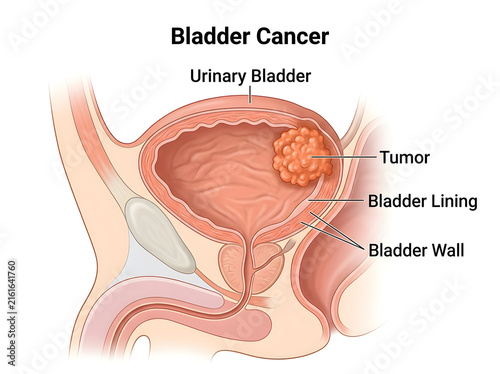 Bladder cancer illustration showing tumor in urinary bladder isolated on white background