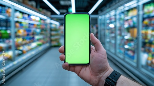 Hand holding modern smartphone with bright green screen for mockup display