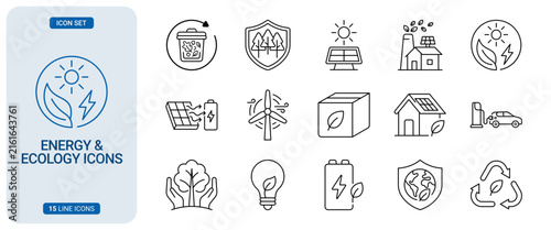 Energy and ecology line icon set, including solar panels, wind turbine, recycling, ecofriendly house, and sustainable power sources for environmental design