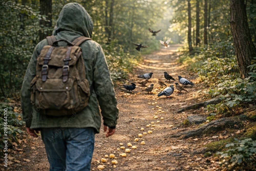 Fototapeta premium A person strolling along a dusty path amidst avian companions