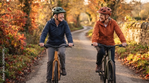 Friends cycle along an autumn lane after exercise