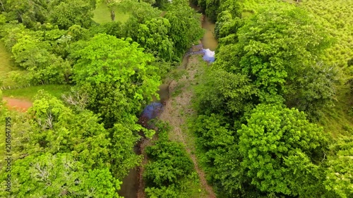 Aerial panoramic view of a beautiful river in a Dominican Republic natural park on a sunny summer morning. Landscape of a winding river in a tropical rainforest. Drone view of green jungle.