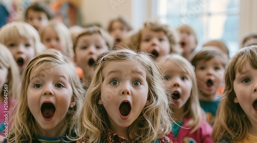 Excited diverse young children displaying expressions of pure amazement and wonder