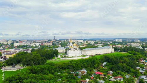 Russia, Vladimir. Dormition Cathedral in Vladimir (Assumption Cathedral) Cathedral of the Vladimir Metropolitanate of the Russian Orthodox Church. Drone footage, Point of interest