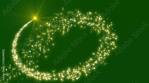 Magical golden fairy dust star trail animation with lens flare light leak,  2d glitter stars line animation, Glowing sparkling star dust trail motion effect on green screen background.4k video