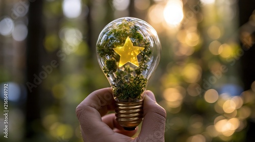 Glowing yellow star inside glass lightbulb held by human hand