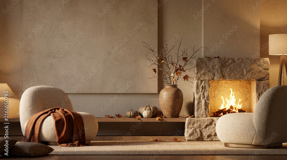 Naklejka premium Cozy Autumn Living Room Interior, Modern Boucle Chairs Near Stone Fireplace Warm Mood Lighting Seasonal Fall Decor Pumpkins Vase Minimalist Japandi Style Home Architecture Atmosphere Background Banner