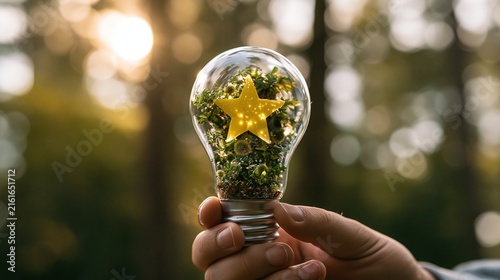 Glowing yellow star inside clear glass light bulb held outdoors