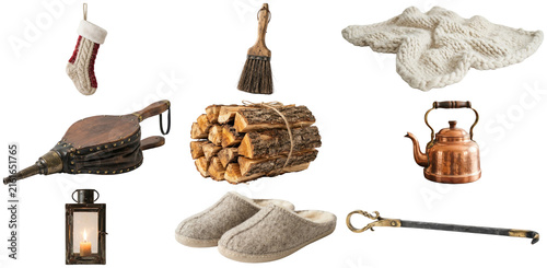 Obraz na płótnie A warm collection of fireplace accessories and winter comfort items for a cozy hearth setting