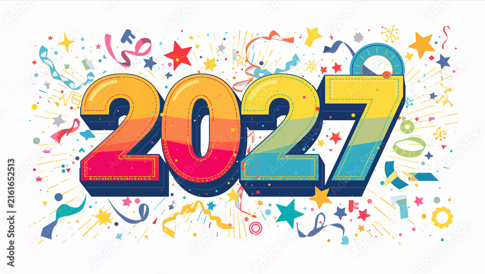 Fototapeta premium Colorful 2027 numbers with falling confetti on white background festive new year celebration confetti greeting colorful template seasonal happiness anniversary decoration