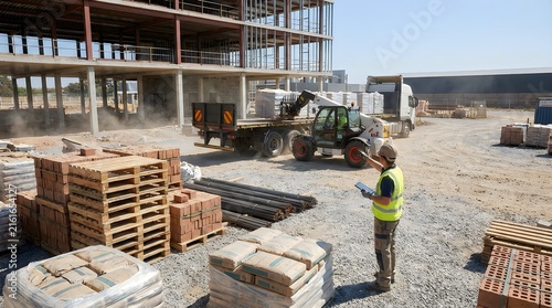 Construction site manager directing material delivery with tablet and safety vest
