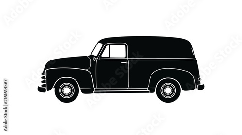 Vintage delivery van side view black and white silhouette