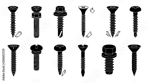 Set of Screws Isolated on White Black Vector Silhouette Collection 12