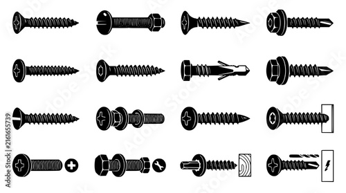 Screw Hardware Fastener Collection Isolated Black Vector Illustrations 16