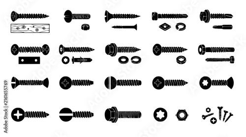 Screw Hardware Fastener Set Isolated on White Black Silhouette Vector Collection 20