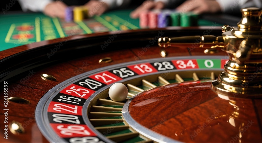 Obraz premium Roulette wheel with white ball, betting chips and players at casino table. Gambling, chance, fortune and high-stakes betting concept for gaming advertisement and editorial use.